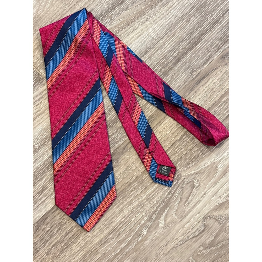 Daniel De Fasson Monogram Trifold Silk Tie Magenta Navy Blue Orange Stripe